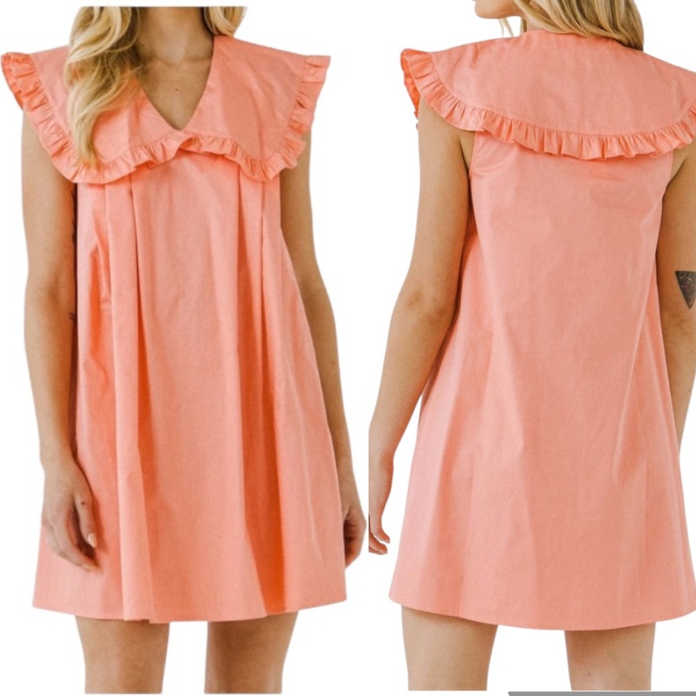 English Factory Coral Poplin Wide Ruffle Collar Detail Mini Dress - M